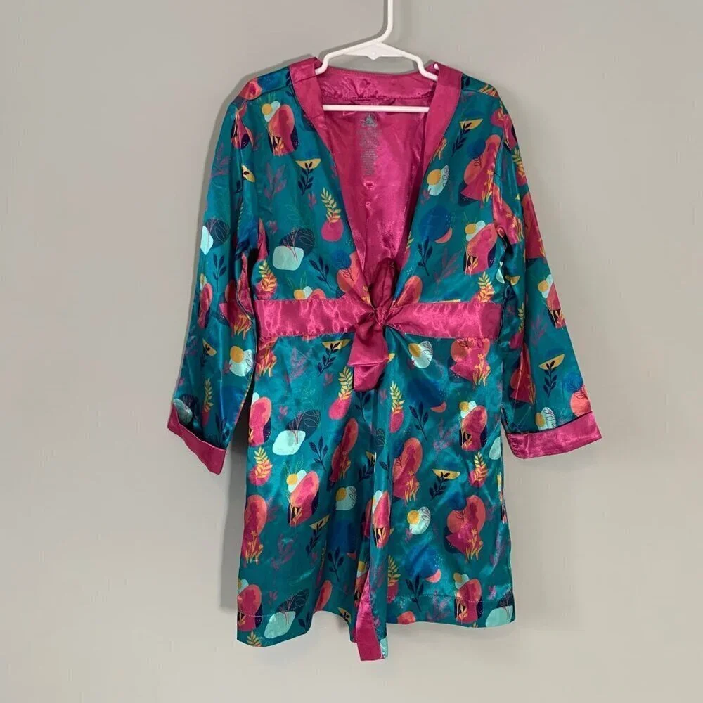 5/$25 Disney Robe Kids Size 5/6 Teal Pink Abstract‎ Floral Satin Wrap Loungewear